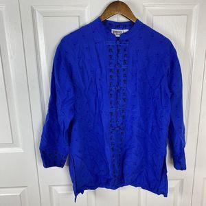 Chico's Size M Silk Linen Mandarin Collar Oriental Blouse Shirt Top Kimono